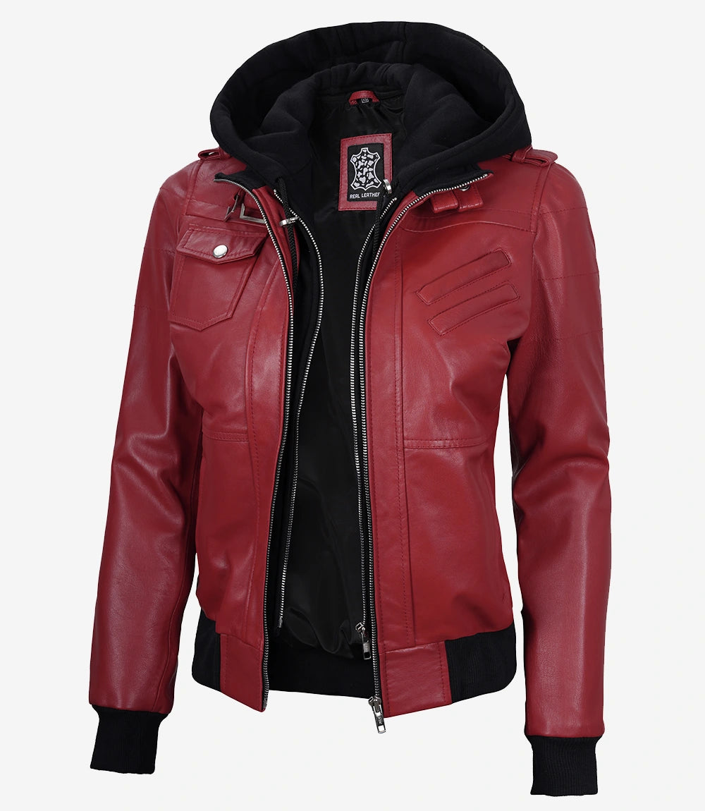 Women's Red Leather Jacket with Removable Hood