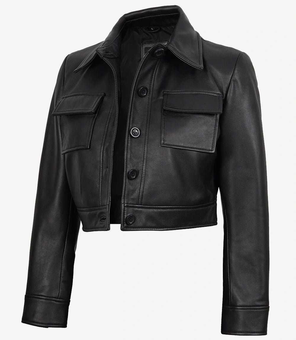 Freddie Women’s Black Harrington Cropped Leather Jacket