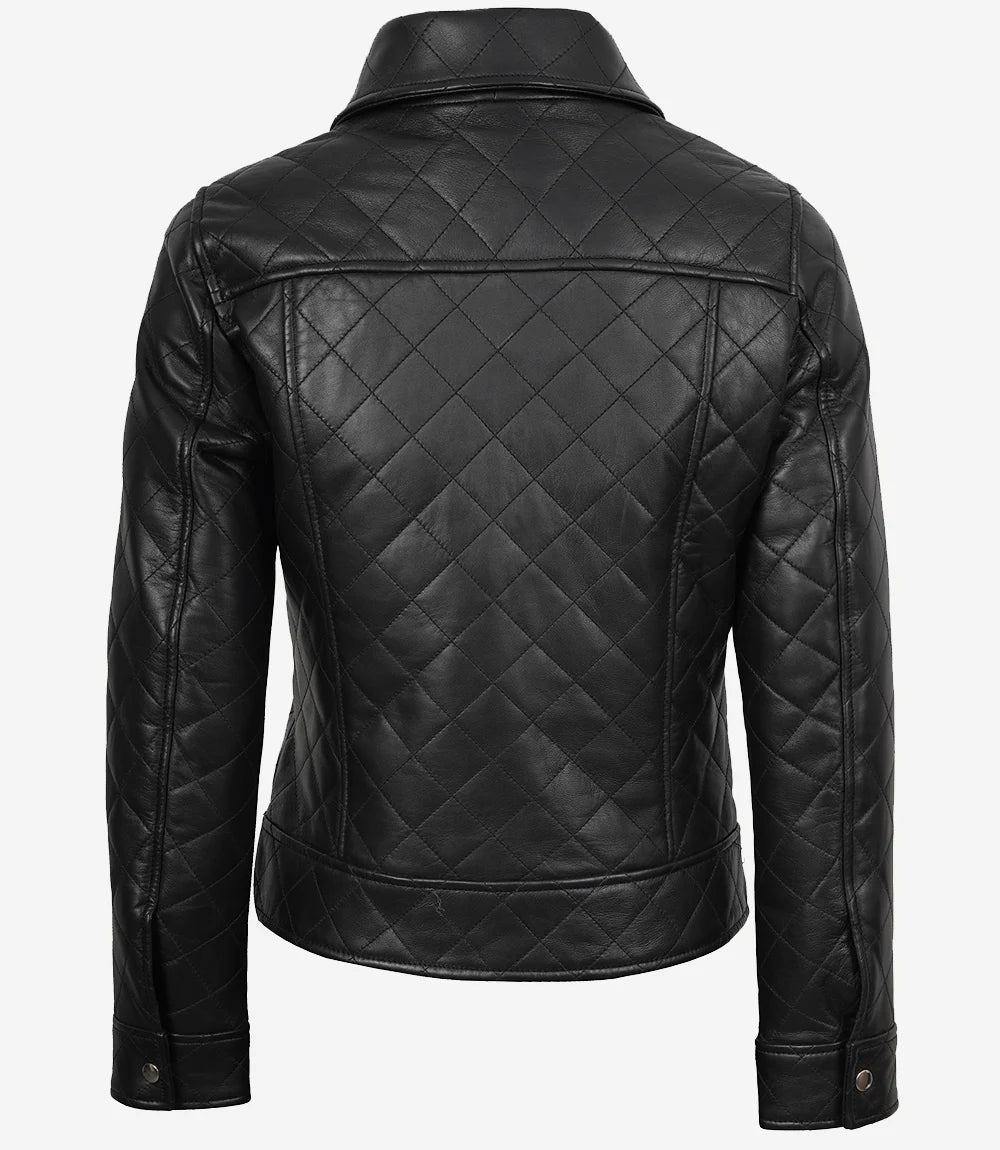 Women's Quilted Textured Black Leather Jacket Shirt Collar