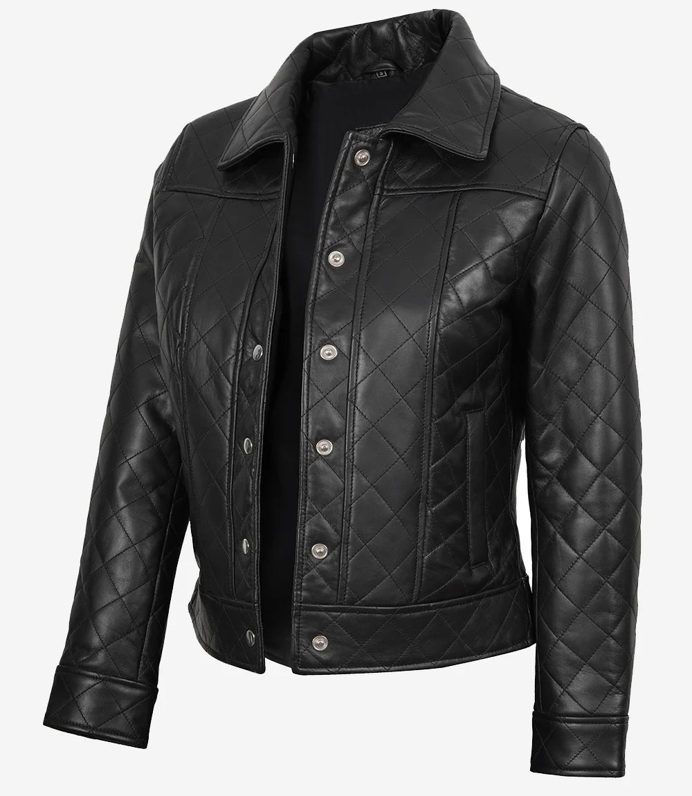 Women's Quilted Textured Black Leather Jacket Shirt Collar