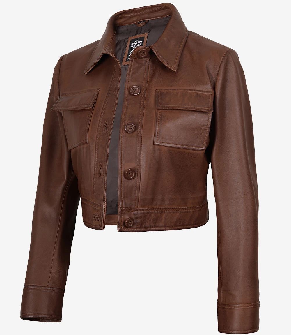 Freddie Women’s Cognac Brown Cropped Shirt Collar Leather Jacket
