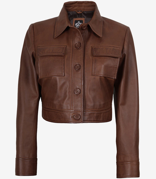 Freddie Women’s Cognac Brown Cropped Shirt Collar Leather Jacket