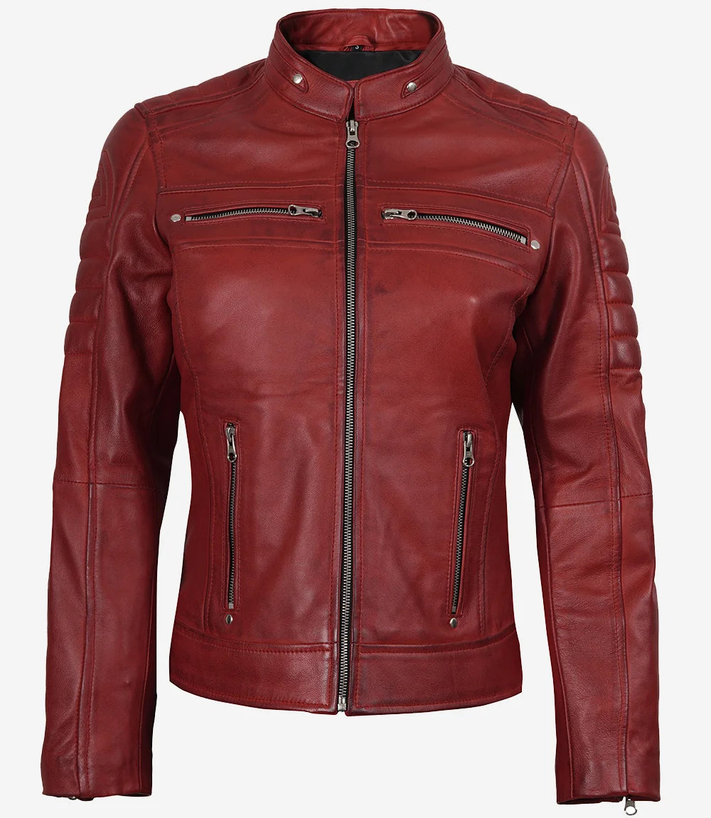 Austin Women Red Cafe Racer Leather Jacket