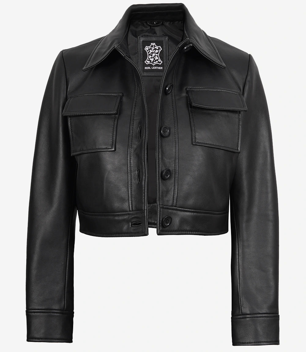 Freddie Women’s Black Harrington Cropped Leather Jacket