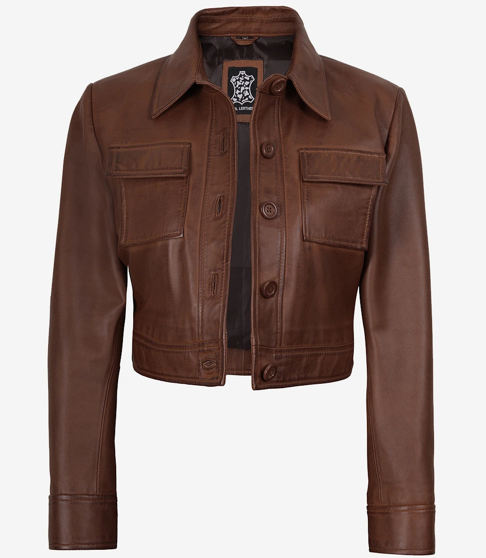 Freddie Women’s Cognac Brown Cropped Shirt Collar Leather Jacket