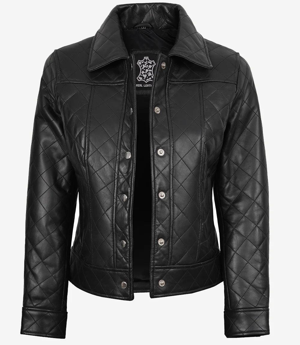 Women's Quilted Textured Black Leather Jacket Shirt Collar