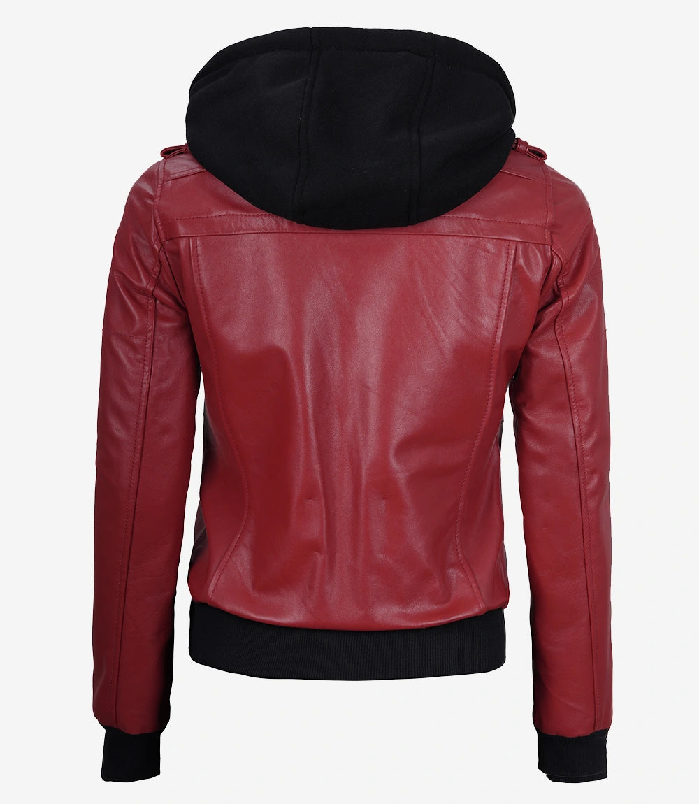Women's Red Leather Jacket with Removable Hood