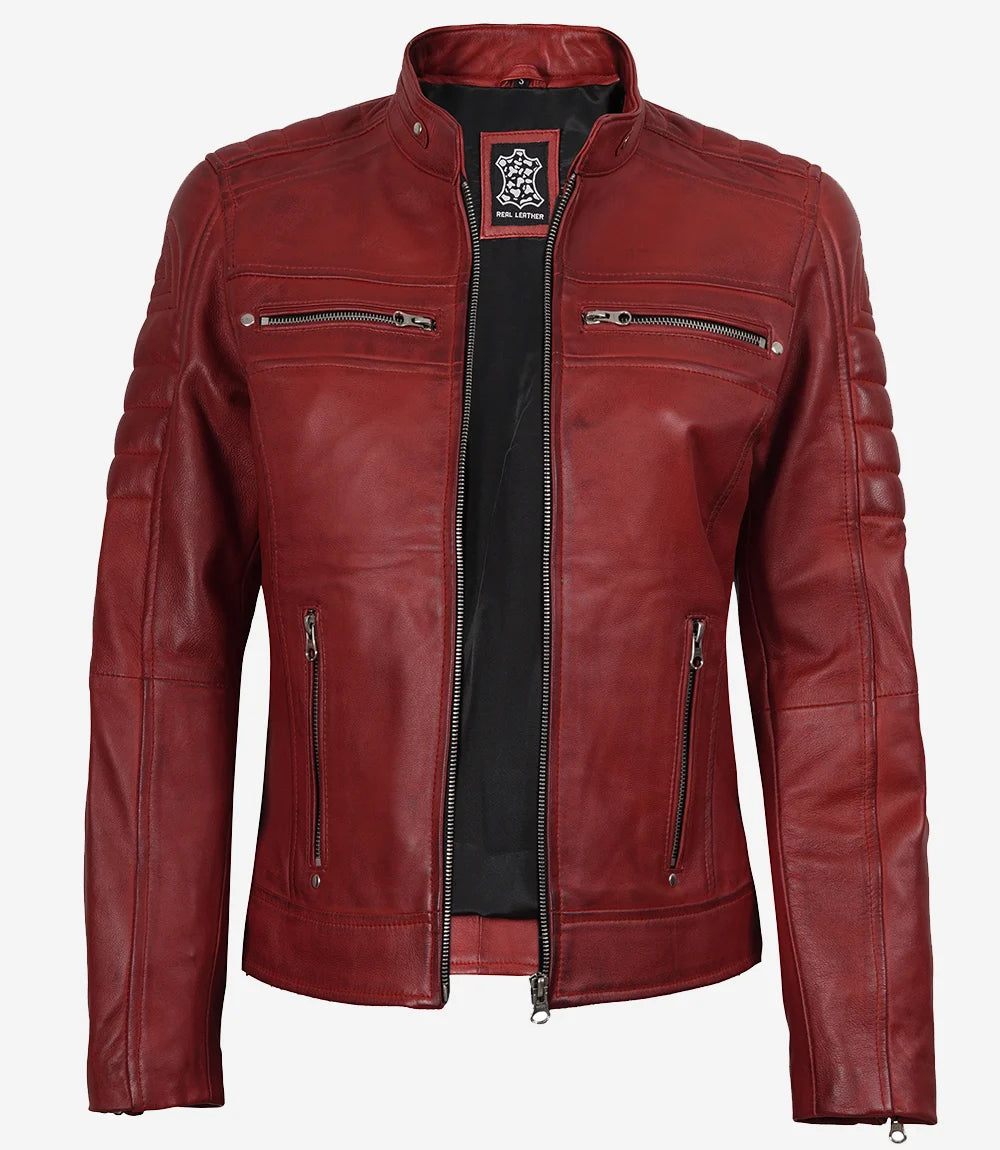 Austin Women Red Cafe Racer Leather Jacket