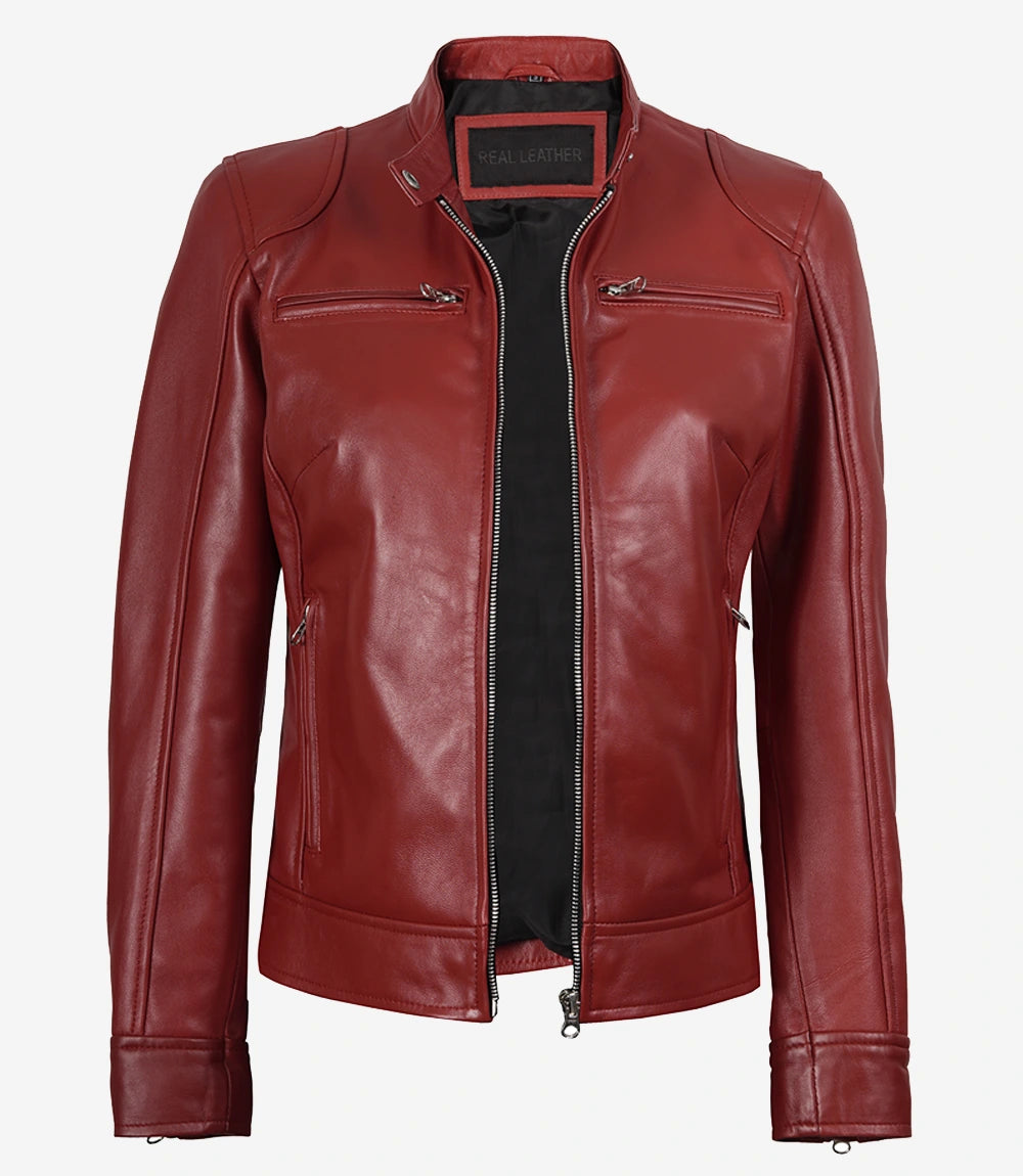 Dodge Women's Cafe Racer Red Leather Jacket
