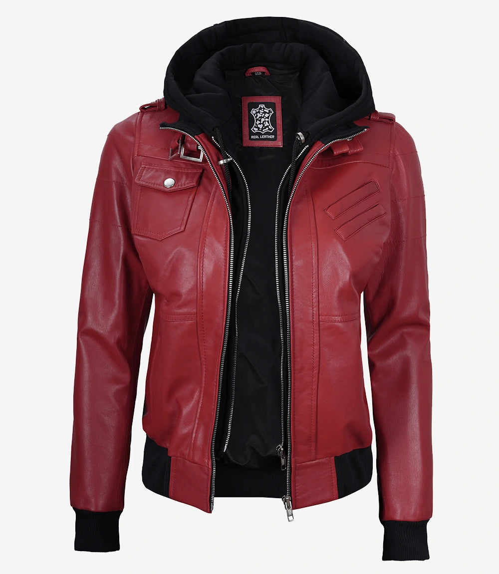 Women's Red Leather Jacket with Removable Hood